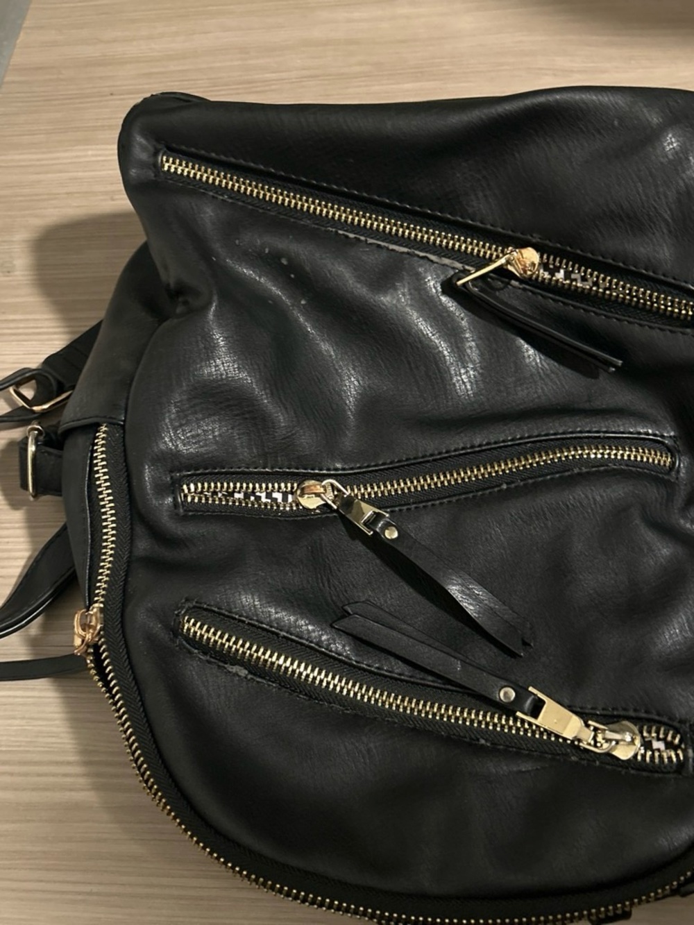 MMS Design Studio Black Leather Backpack with Gold Zippers